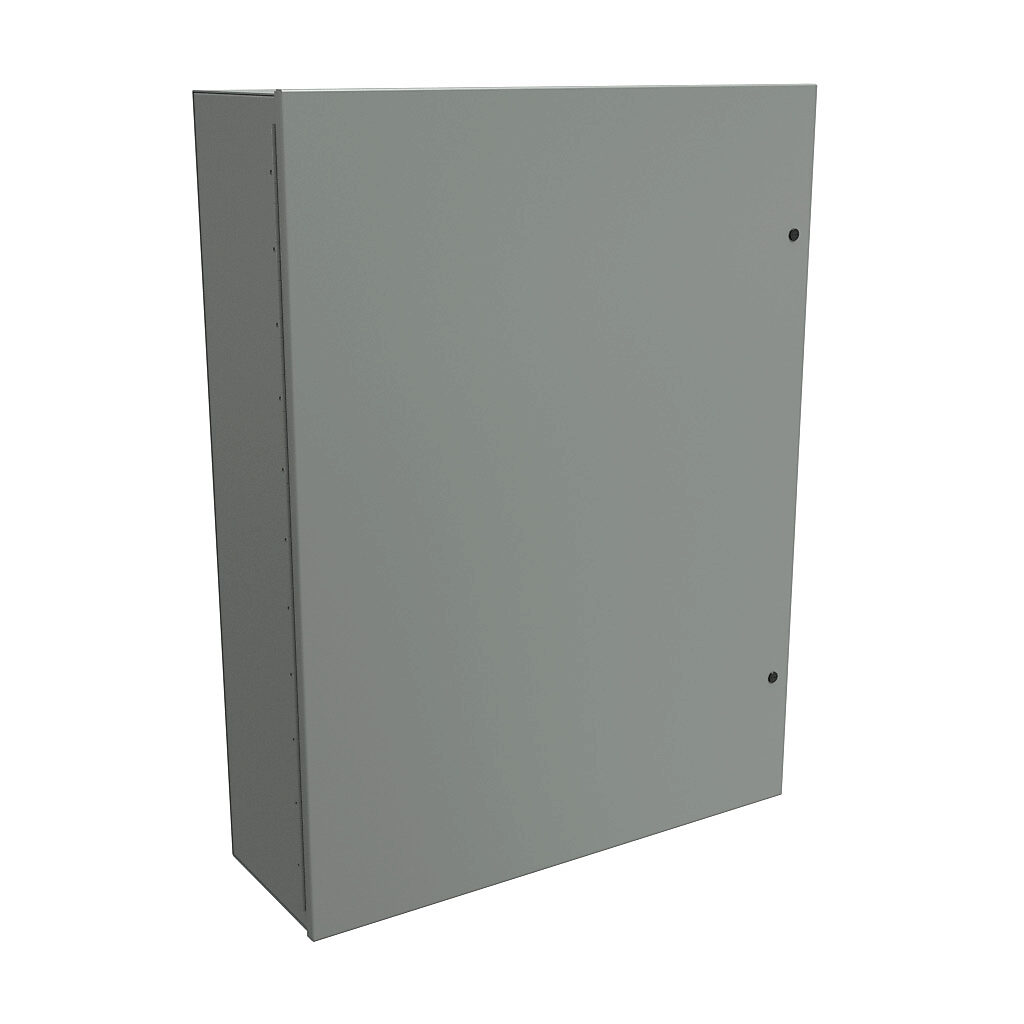 N1A483612 - Hammond enclosure, NEMA 1, 48 x 36 x 12in (HxWxD), wall mount, carbon steel, ANSI 61 gray, powder coat finish, single-door, 1/4-turn semi-flush latch.