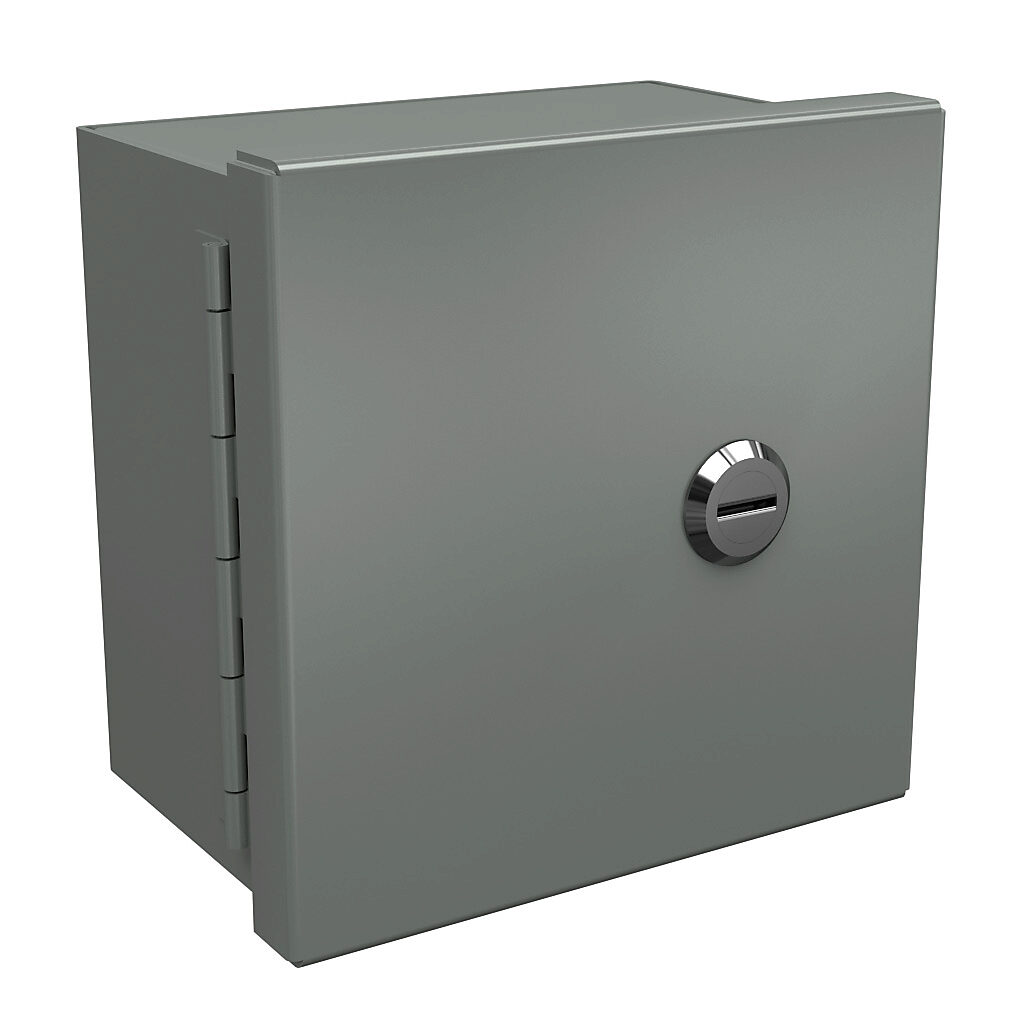 N1C060604 - Wiegmann enclosure, NEMA 1, 6 x 6 x 4in (HxWxD), wall mount, carbon steel, ANSI 61 gray, powder coat finish, single-door, 1/4-turn flush-mounted latch.