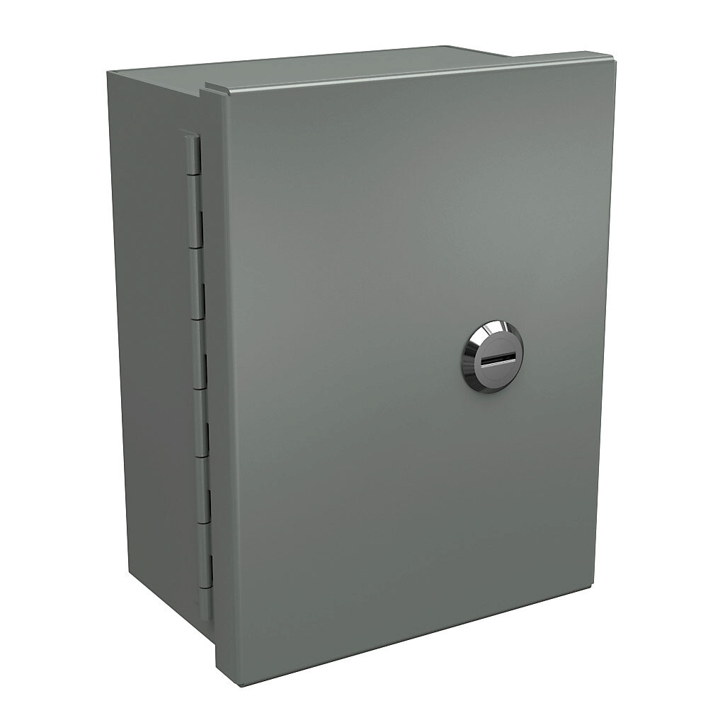 N1C060804 - Wiegmann enclosure, NEMA 1, 8 x 6 x 4in (HxWxD), wall mount, carbon steel, ANSI 61 gray, powder coat finish, single-door, 1/4-turn flush-mounted latch.