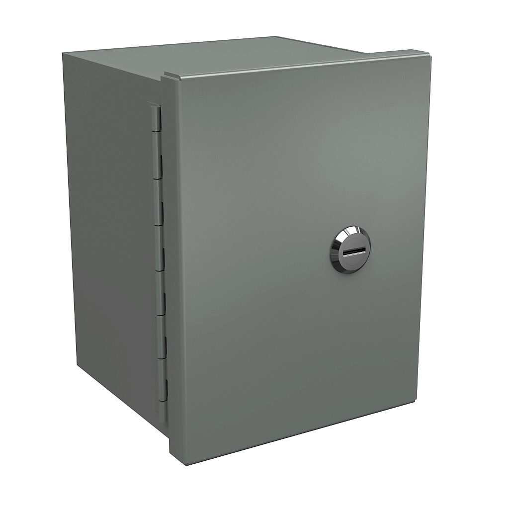 N1C060806 - Wiegmann enclosure, NEMA 1, 8 x 6 x 6in (HxWxD), wall mount, carbon steel, ANSI 61 gray, powder coat finish, single-door, 1/4-turn flush-mounted latch.