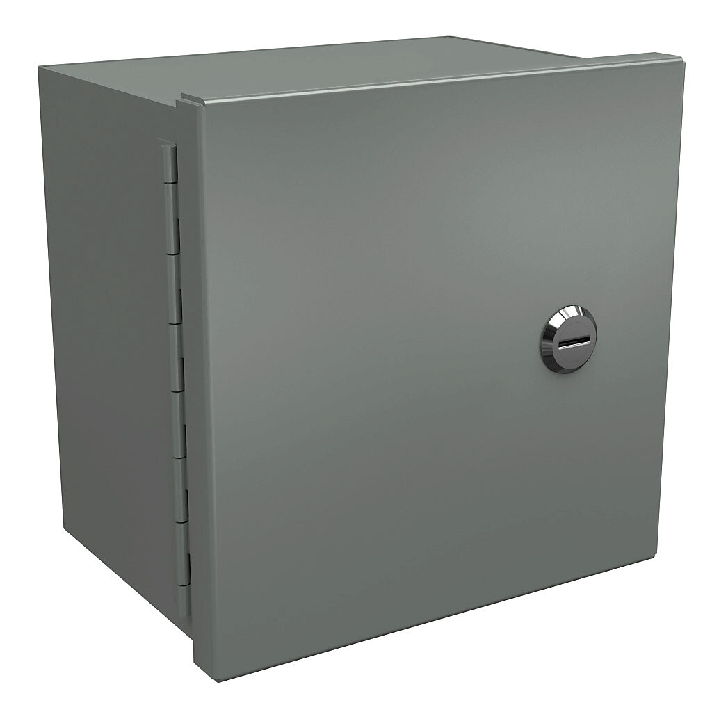 N1C080806 - Wiegmann enclosure, NEMA 1, 8 x 8 x 6in (HxWxD), wall mount, carbon steel, ANSI 61 gray, powder coat finish, single-door, 1/4-turn flush-mounted latch.