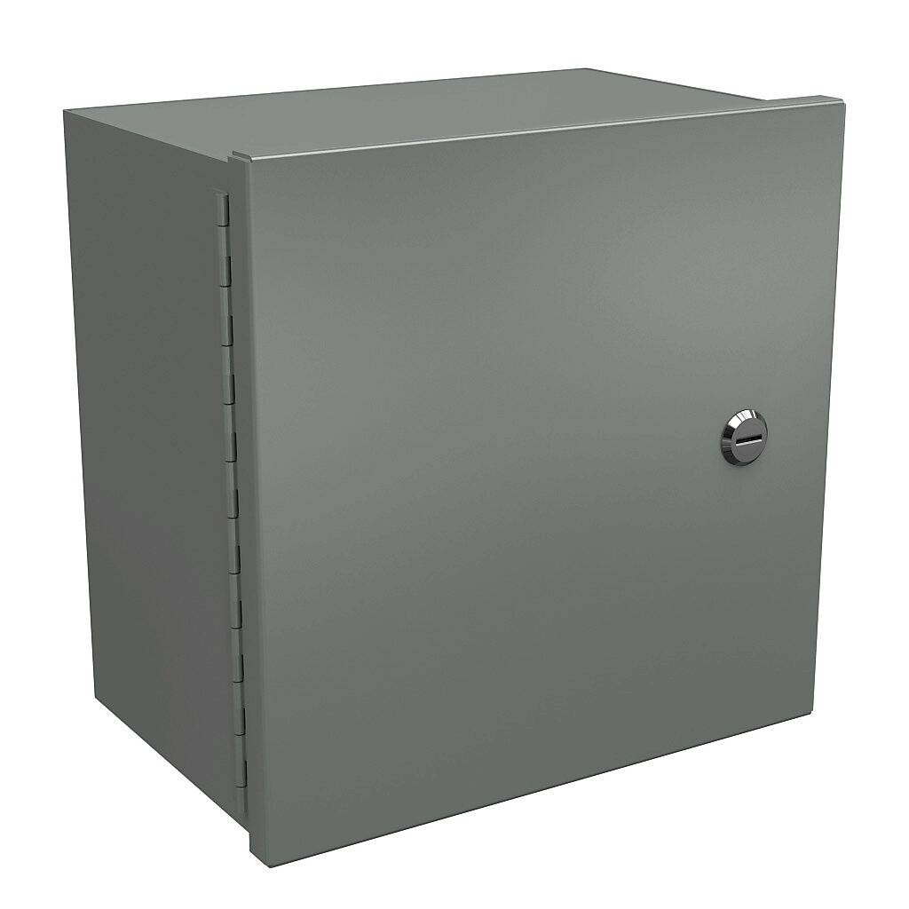 N1C121208 - Wiegmann enclosure, NEMA 1, 12 x 12 x 8in (HxWxD), wall mount, carbon steel, ANSI 61 gray, powder coat finish, single-door, 1/4-turn flush-mounted latch.