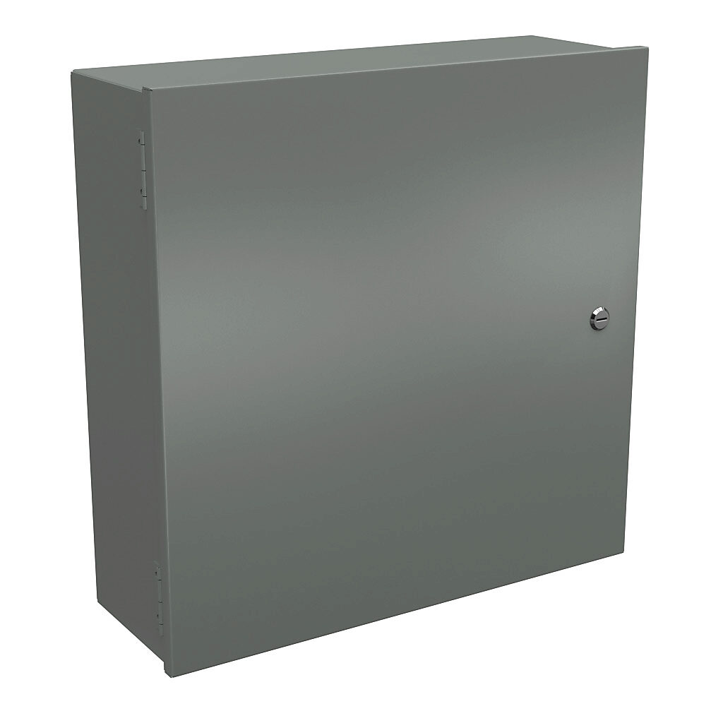 N1C242408LP - Wiegmann enclosure, NEMA 1, 24 x 24 x 8in (HxWxD), wall mount, carbon steel, ANSI 61 gray, powder coat finish, single-door, 1/4-turn flush-mounted latch.