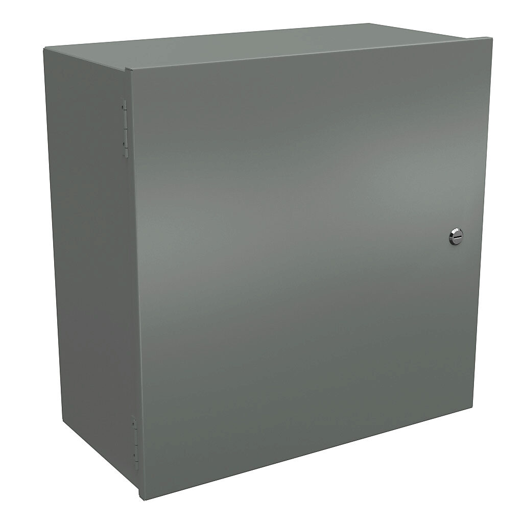 N1C242412LP - Wiegmann enclosure, NEMA 1, 24 x 24 x 12in (HxWxD), wall mount, carbon steel, ANSI 61 gray, powder coat finish, single-door, 1/4-turn flush-mounted latch.