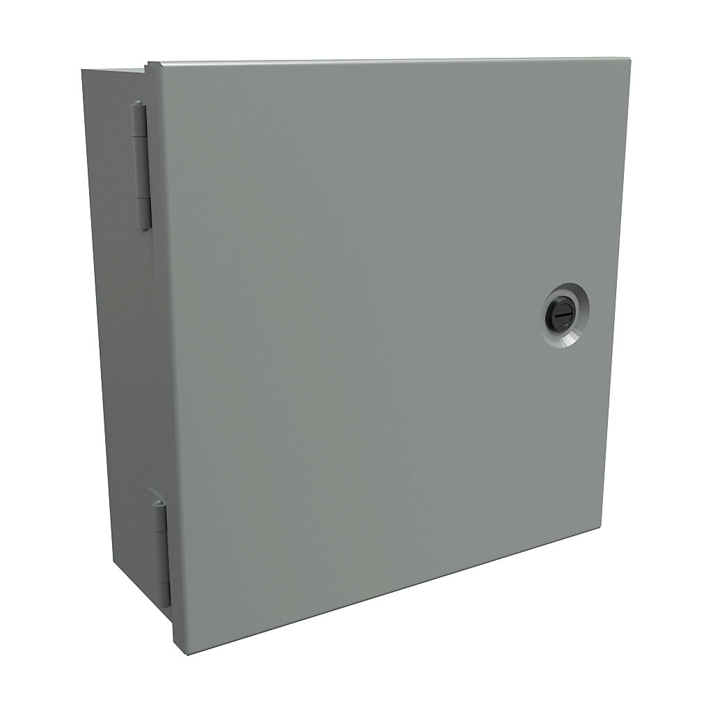 N1J10104 - Hammond enclosure, NEMA 1, 10 x 10 x 4in (HxWxD), wall mount, carbon steel, ANSI 61 gray, powder coat finish, single-door, 1/4-turn flush-mounted latch.