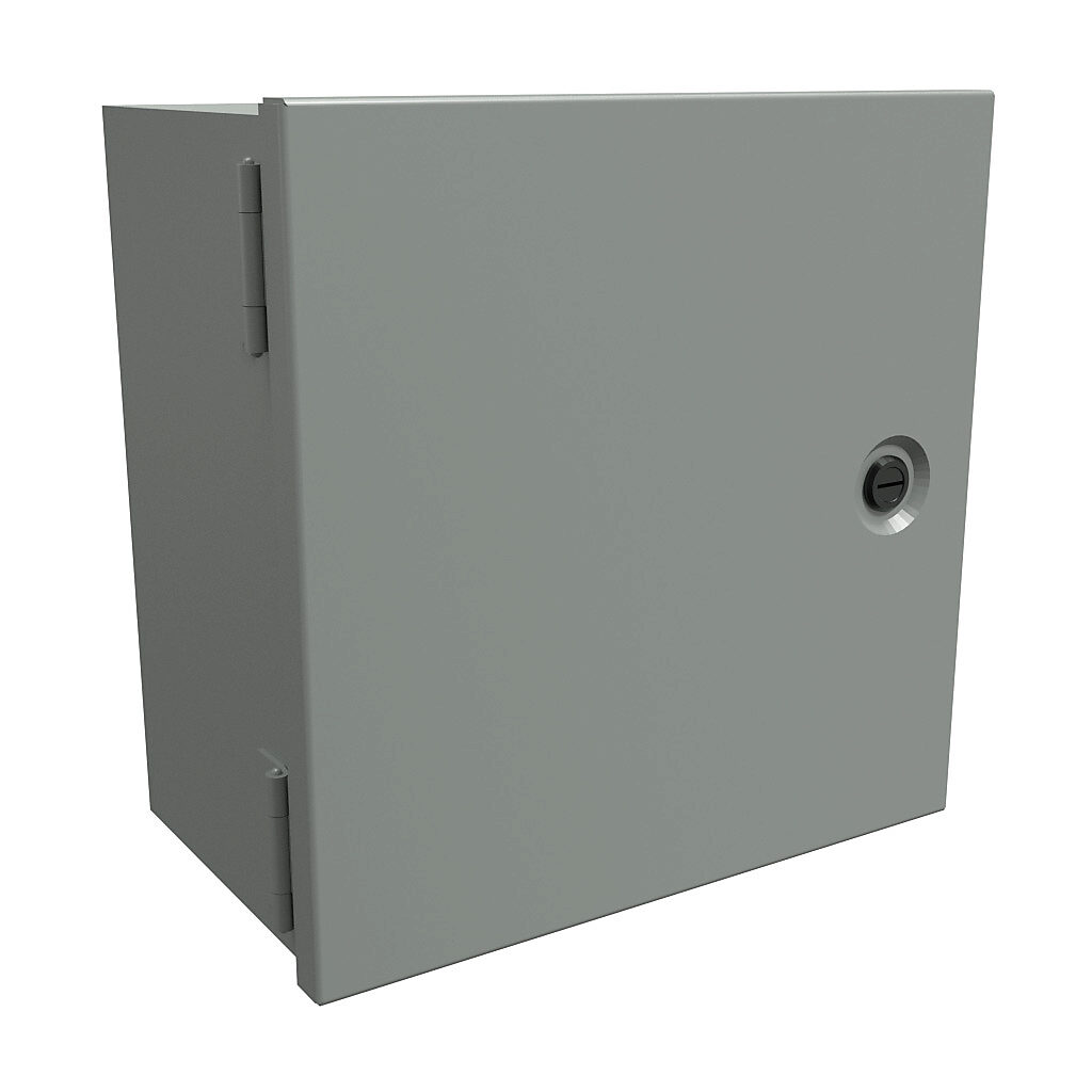 N1J10106 - Hammond enclosure, NEMA 1, 10 x 10 x 6in (HxWxD), wall mount, carbon steel, ANSI 61 gray, powder coat finish, single-door, 1/4-turn flush-mounted latch.
