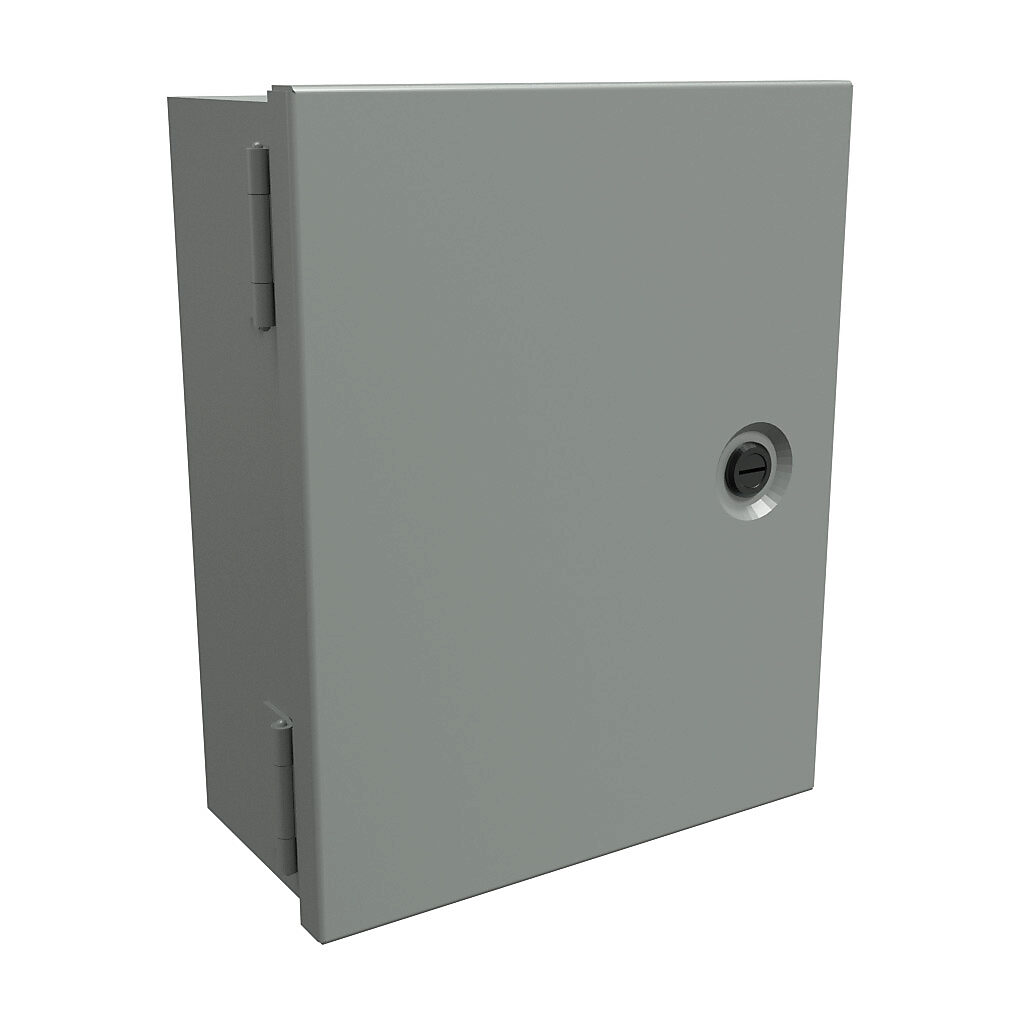 N1J1084 - Hammond enclosure, NEMA 1, 10 x 8 x 4in (HxWxD), wall mount, carbon steel, ANSI 61 gray, powder coat finish, single-door, 1/4-turn flush-mounted latch.