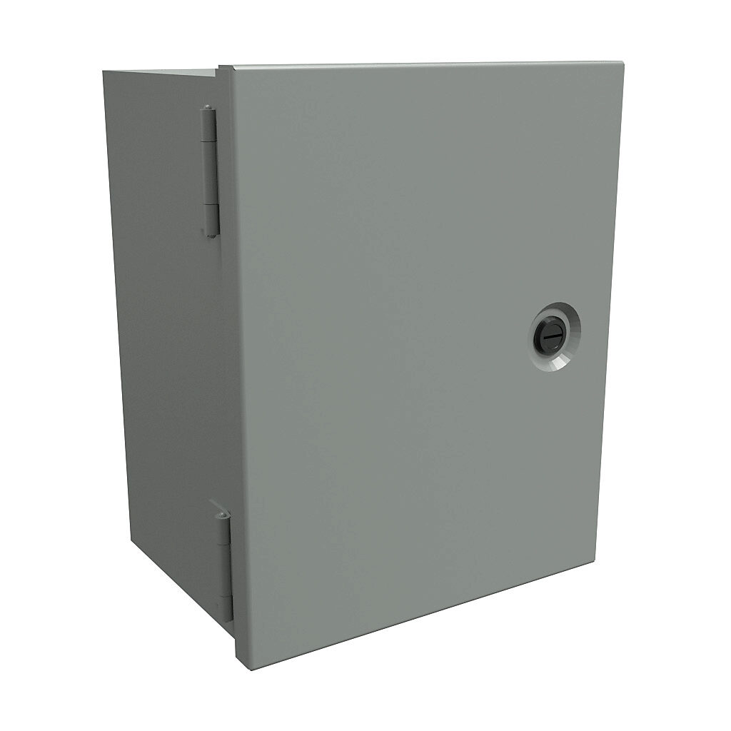 N1J1086 - Hammond enclosure, NEMA 1, 10 x 8 x 6in (HxWxD), wall mount, carbon steel, ANSI 61 gray, powder coat finish, single-door, 1/4-turn flush-mounted latch.