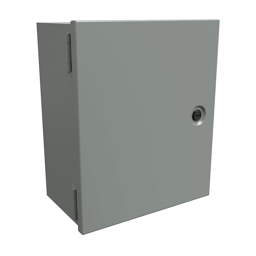 N1J12106 - Hammond enclosure, NEMA 1, 12 x 10 x 6in (HxWxD), wall mount, carbon steel, ANSI 61 gray, powder coat finish, single-door, 1/4-turn flush-mounted latch.