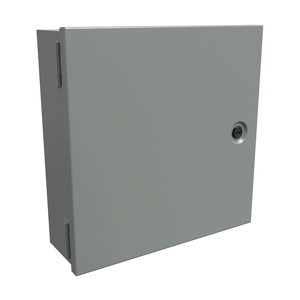 N1J12124 - Hammond enclosure, NEMA 1, 12 x 12 x 4in (HxWxD), wall mount, carbon steel, ANSI 61 gray, powder coat finish, single-door, 1/4-turn flush-mounted latch.