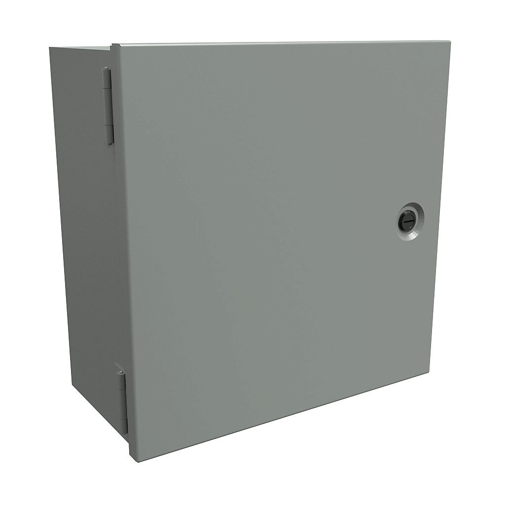 N1J12126 - Hammond enclosure, NEMA 1, 12 x 12 x 6in (HxWxD), wall mount, carbon steel, ANSI 61 gray, powder coat finish, single-door, 1/4-turn flush-mounted latch.