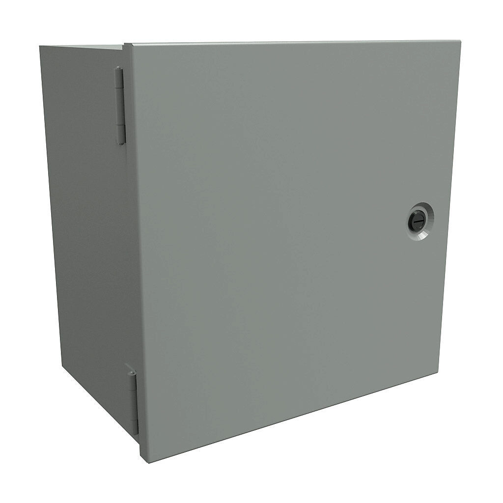 N1J12128 - Hammond enclosure, NEMA 1, 12 x 12 x 8in (HxWxD), wall mount, carbon steel, ANSI 61 gray, powder coat finish, single-door, 1/4-turn flush-mounted latch.