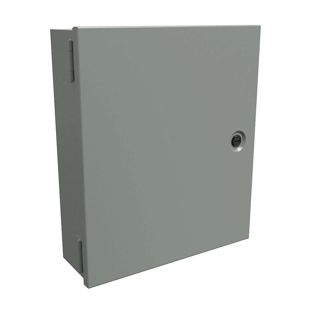 N1J14124 - Hammond enclosure, NEMA 1, 14 x 12 x 4in (HxWxD), wall mount, carbon steel, ANSI 61 gray, powder coat finish, single-door, 1/4-turn flush-mounted latch.