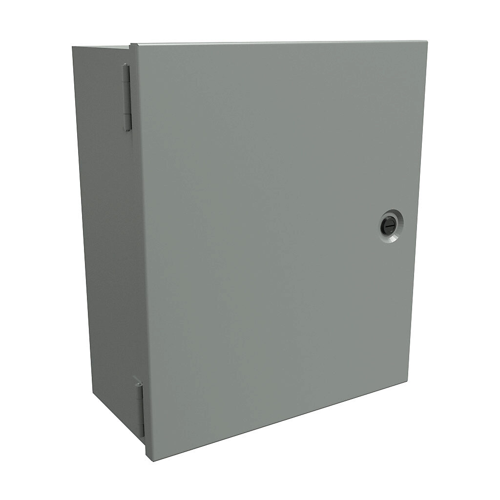 N1J14126 - Hammond enclosure, NEMA 1, 14 x 12 x 6in (HxWxD), wall mount, carbon steel, ANSI 61 gray, powder coat finish, single-door, 1/4-turn flush-mounted latch.