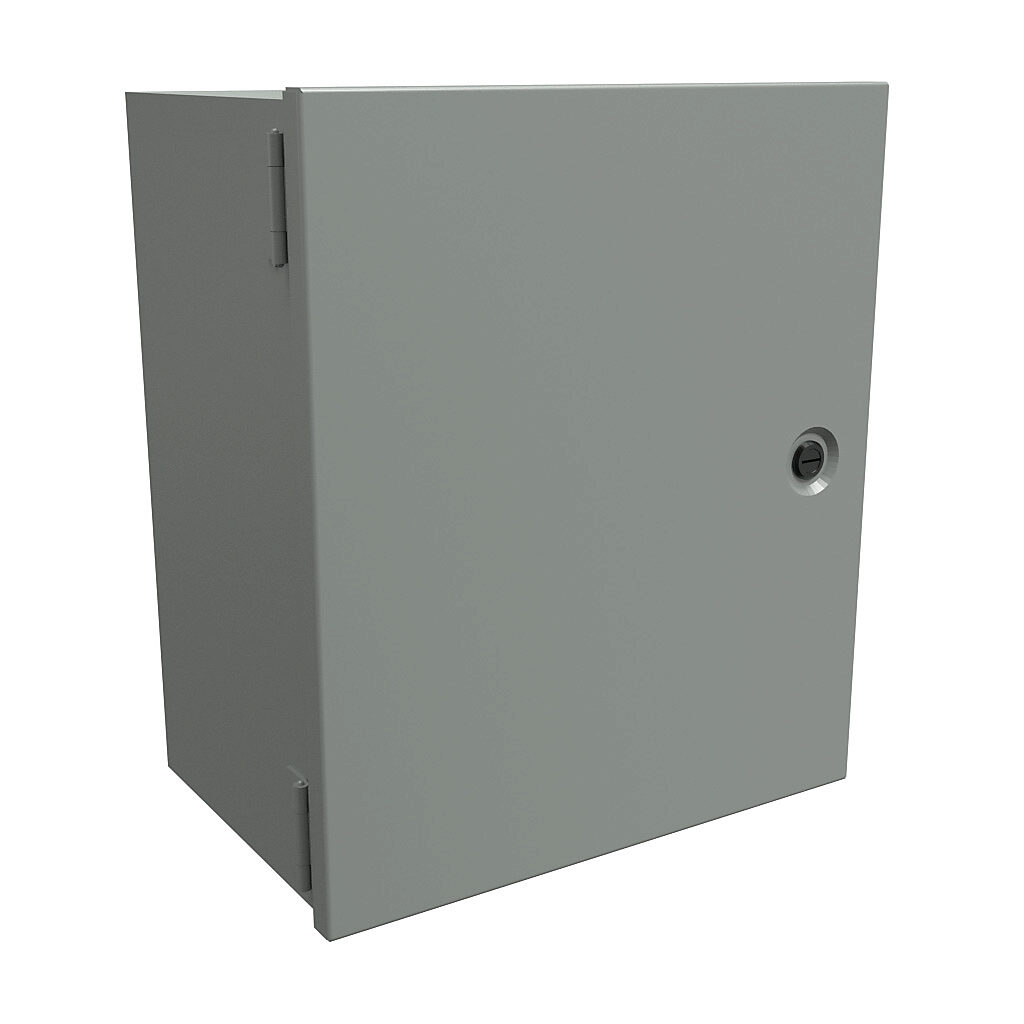 N1J14128 - Hammond enclosure, NEMA 1, 14 x 12 x 8in (HxWxD), wall mount, carbon steel, ANSI 61 gray, powder coat finish, single-door, 1/4-turn flush-mounted latch.