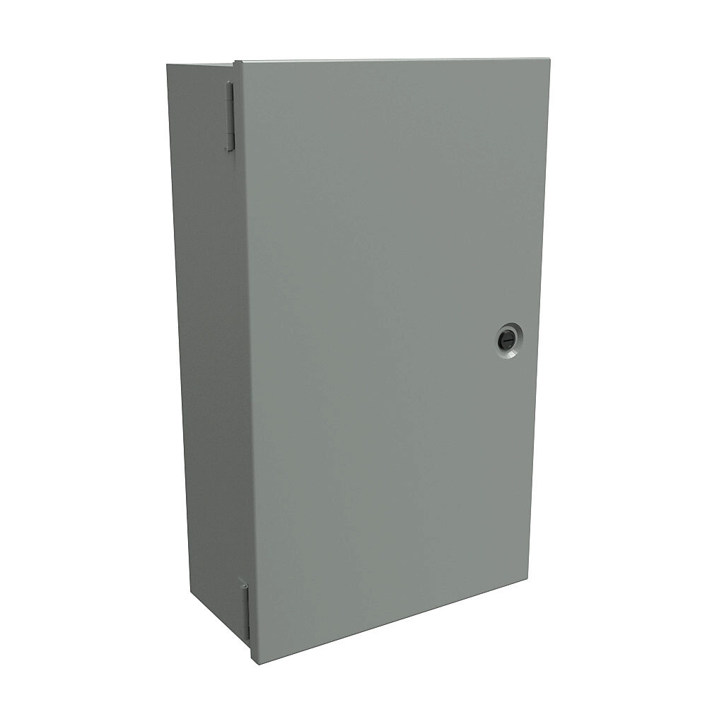 N1J20126 - Hammond enclosure, NEMA 1, 20 x 12 x 6in (HxWxD), wall mount, carbon steel, ANSI 61 gray, powder coat finish, single-door, 1/4-turn flush-mounted latch.