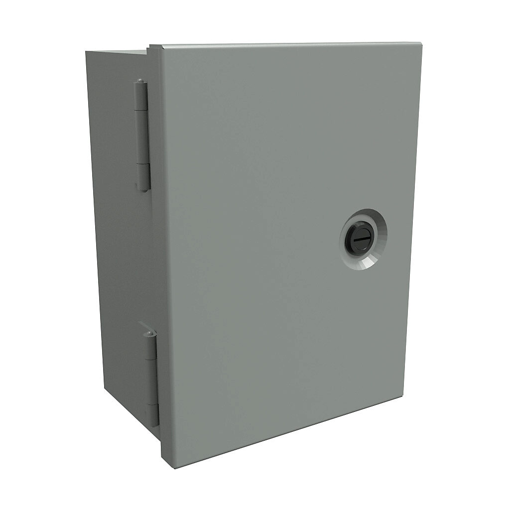 N1J864 - Hammond enclosure, NEMA 1, 8 x 6 x 4in (HxWxD), wall mount, carbon steel, ANSI 61 gray, powder coat finish, single-door, 1/4-turn flush-mounted latch.