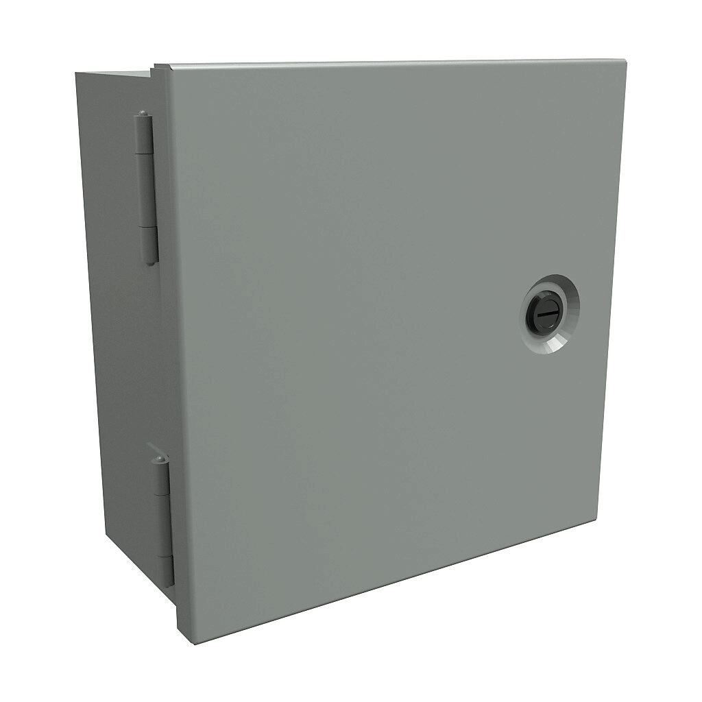 N1J884 - Hammond enclosure, NEMA 1, 8 x 8 x 4in (HxWxD), wall mount, carbon steel, ANSI 61 gray, powder coat finish, single-door, 1/4-turn flush-mounted latch.