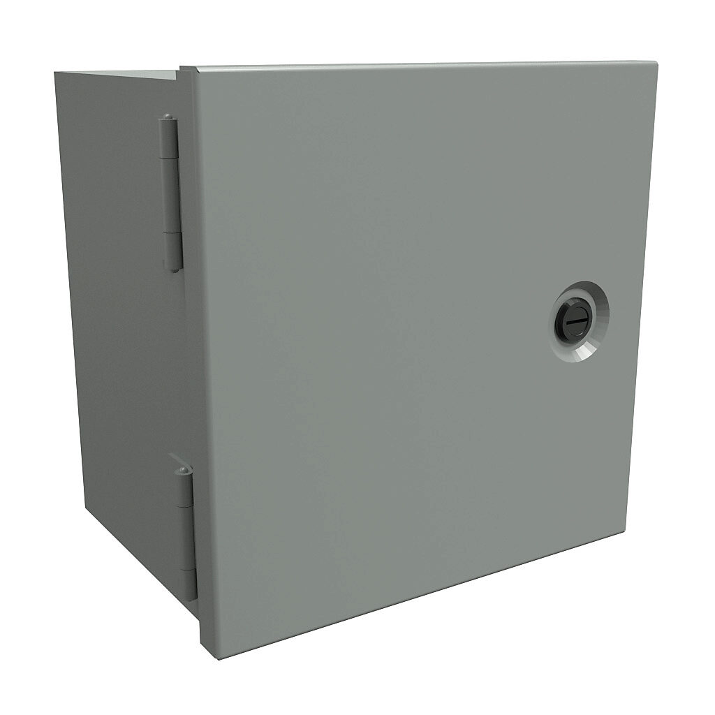 N1J886 - Hammond enclosure, NEMA 1, 8 x 8 x 6in (HxWxD), wall mount, carbon steel, ANSI 61 gray, powder coat finish, single-door, 1/4-turn flush-mounted latch.
