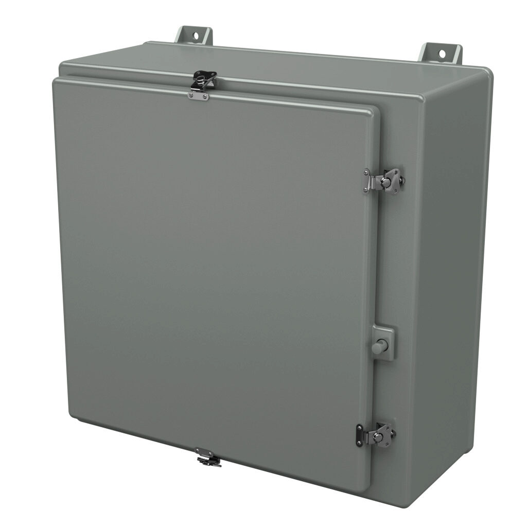 N242410HWT - Stahlin N series enclosure, NEMA 1/3/3R/4X/12, 24 x 24 x 10in (HxWxD), wall mount, fiberglass reinforced polyester, gray, single-door, twist-lock latch, padlock hasp and staple.