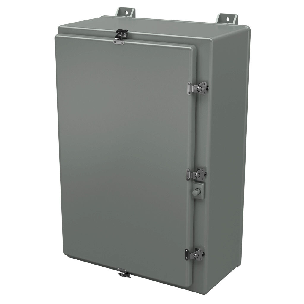 N302010HWT - Stahlin N series enclosure, NEMA 1/3/3R/4X/12, 30 x 20 x 10in (HxWxD), wall mount, fiberglass reinforced polyester, gray, single-door, twist-lock latch, padlock hasp and staple.