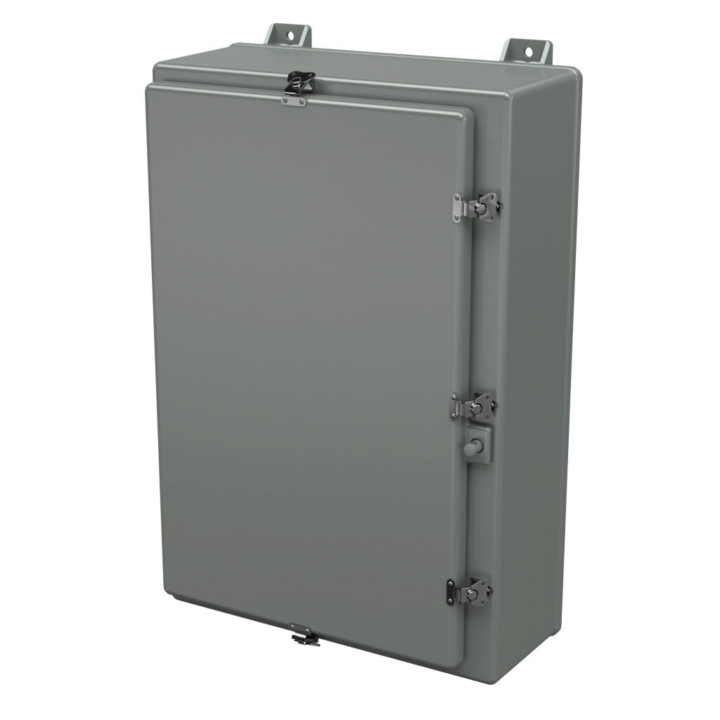 N30208HWT - Stahlin N series enclosure, NEMA 1/3/3R/4X/12, 30 x 20 x 8in (HxWxD), wall mount, fiberglass reinforced polyester, gray, single-door, twist-lock latch, padlock hasp and staple.