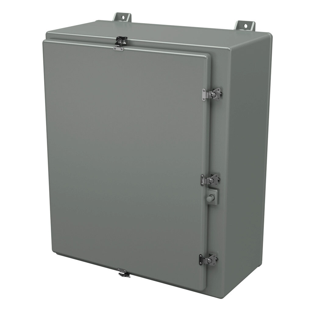 N302412HWT - Stahlin N series enclosure, NEMA 1/3/3R/4X/12, 30 x 24 x 12in (HxWxD), wall mount, fiberglass reinforced polyester, gray, single-door, twist-lock latch, padlock hasp and staple.