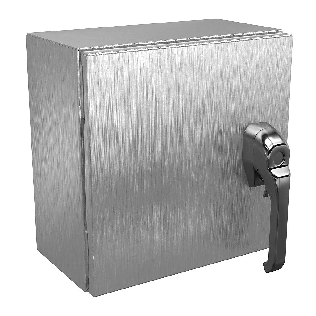 N412121206SS1PTC - Wiegmann Ultimate series enclosure, NEMA 4X/12/13, 12 x 12 x 6in (HxWxD), wall mount, 304 stainless steel, No. 3 intermediate polished finish, single-door, 1-point 316L padlocking handle, handle hasp.