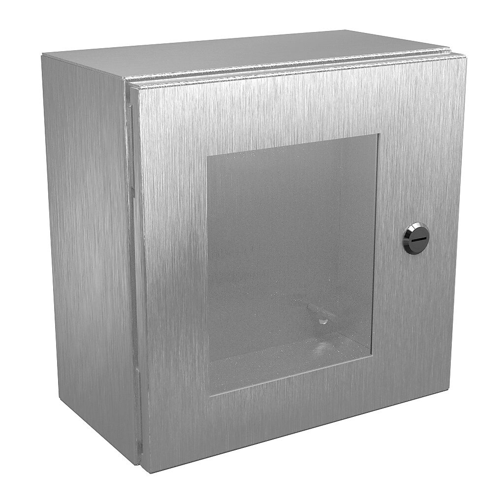 N412121206WSSC - Wiegmann Ultimate series enclosure, NEMA 4/4X/12/13, 12 x 12 x 6in (HxWxD), wall mount, 304 stainless steel, No. 3 intermediate polished finish, single-door, 1/4-turn semi-flush oil-tight latch, polycarbonate window.