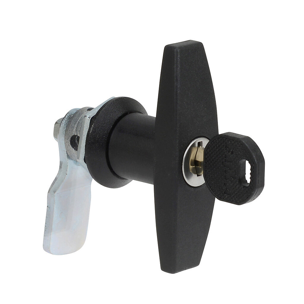 N41214TTHKL - Wiegmann enclosure latch, keylocking, 1/4-turn tee handle, 1-point, plated steel, black matte finish. For use with N412 Ultimate series enclosures. Key included.