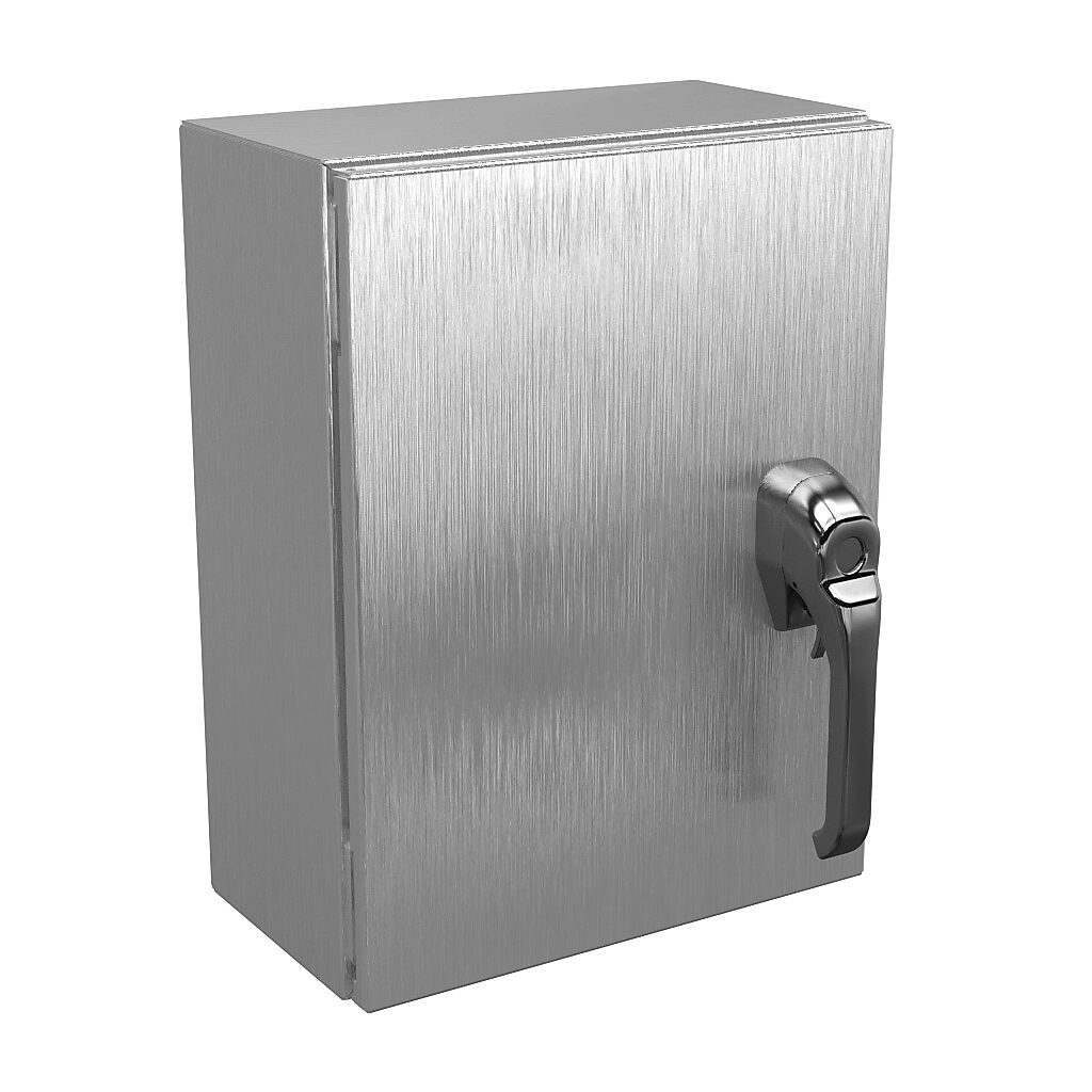 N412161206SSA1PTC - Wiegmann Ultimate series enclosure, NEMA 4X/12/13, 16 x 12 x 6in (HxWxD), wall mount, 316L stainless steel, No. 3 intermediate polished finish, single-door, 1-point 316L padlocking handle, handle hasp.
