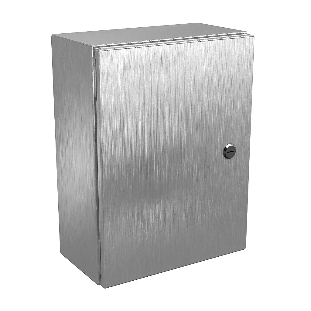 N412161206SSC - Wiegmann Ultimate series enclosure, NEMA 4/4X/12/13, 16 x 12 x 6in (HxWxD), wall mount, 304 stainless steel, No. 3 intermediate polished finish, single-door, 1/4-turn semi-flush oil-tight latch.