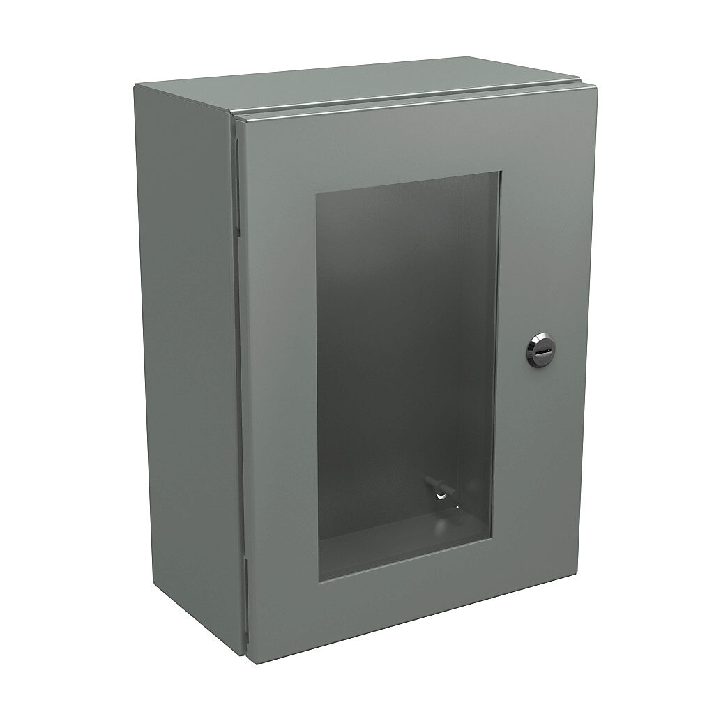 N412161206WC - Wiegmann Ultimate series enclosure, NEMA 4/12/13, 16 x 12 x 6in (HxWxD), wall mount, carbon steel, ANSI 61 gray, powder coat finish, single-door, 1/4-turn semi-flush oil-tight latch, polycarbonate window.