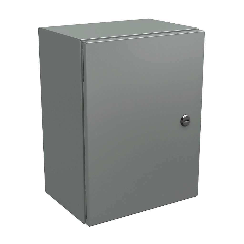 N412161208C - Wiegmann Ultimate series enclosure, NEMA 4/12/13, 16 x 12 x 8in (HxWxD), wall mount, carbon steel, ANSI 61 gray, powder coat finish, single-door, 1/4-turn semi-flush oil-tight latch.