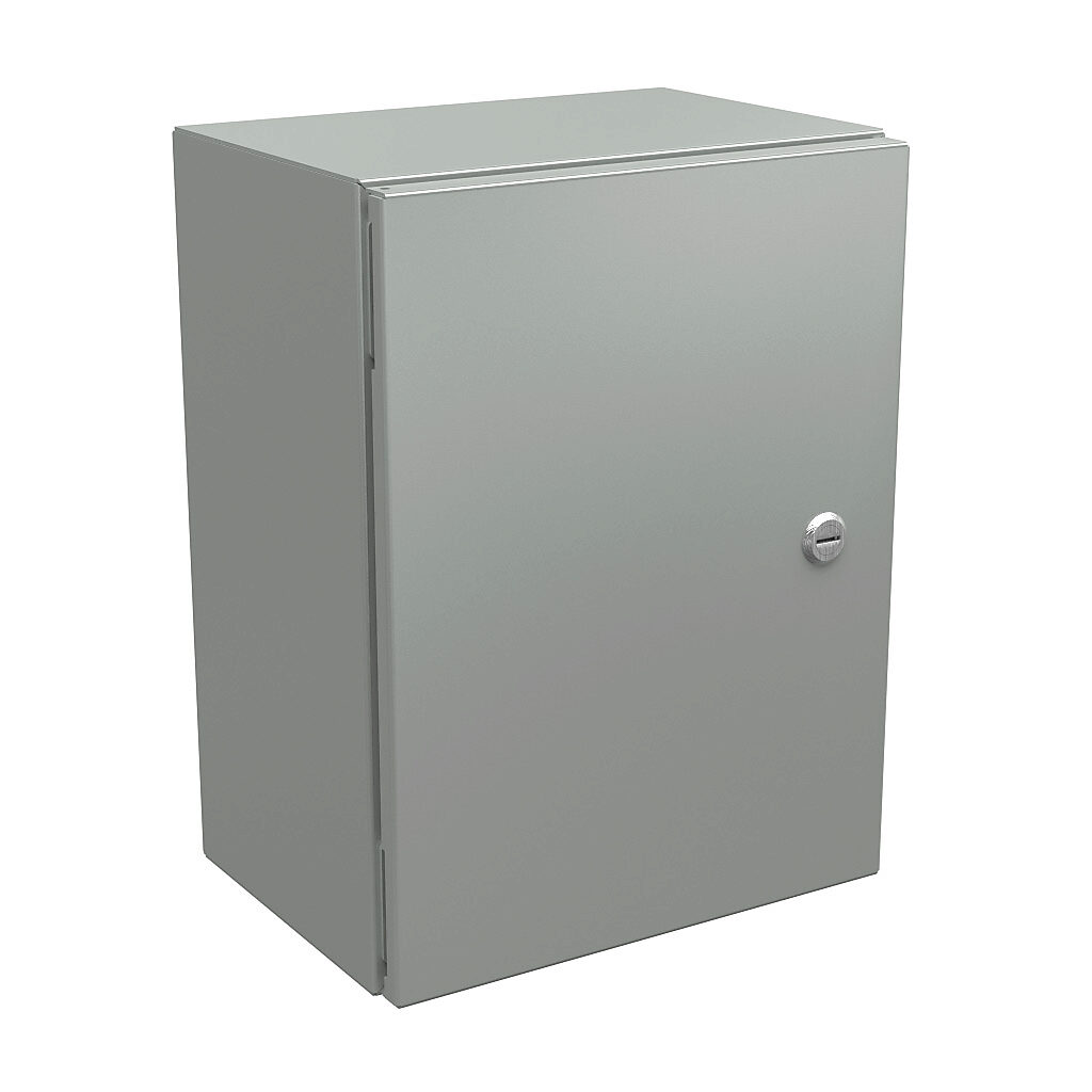 N412161208CLG - Wiegmann Ultimate series enclosure, NEMA 4/12/13, 16 x 12 x 8in (HxWxD), wall mount, carbon steel, RAL 7035 light gray, powder coat finish, single-door, 1/4-turn semi-flush oil-tight latch.