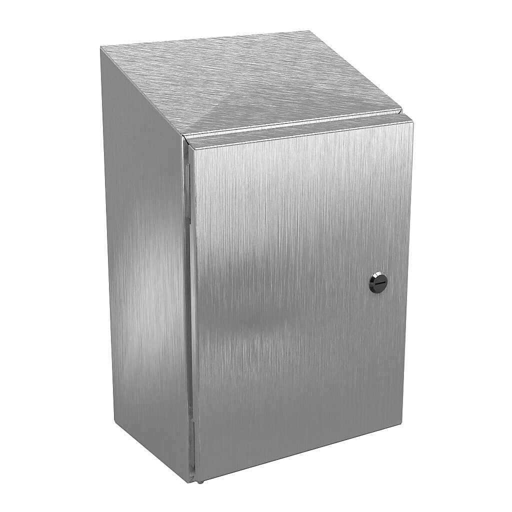 N412161208CSSST - Wiegmann Ultimate series enclosure, slope top, NEMA 4/4X/12/13, 16 x 12 x 8in (HxWxD), wall mount, 304 stainless steel, No. 3 intermediate polished finish, single-door, 1/4-turn semi-flush oil-tight latch.