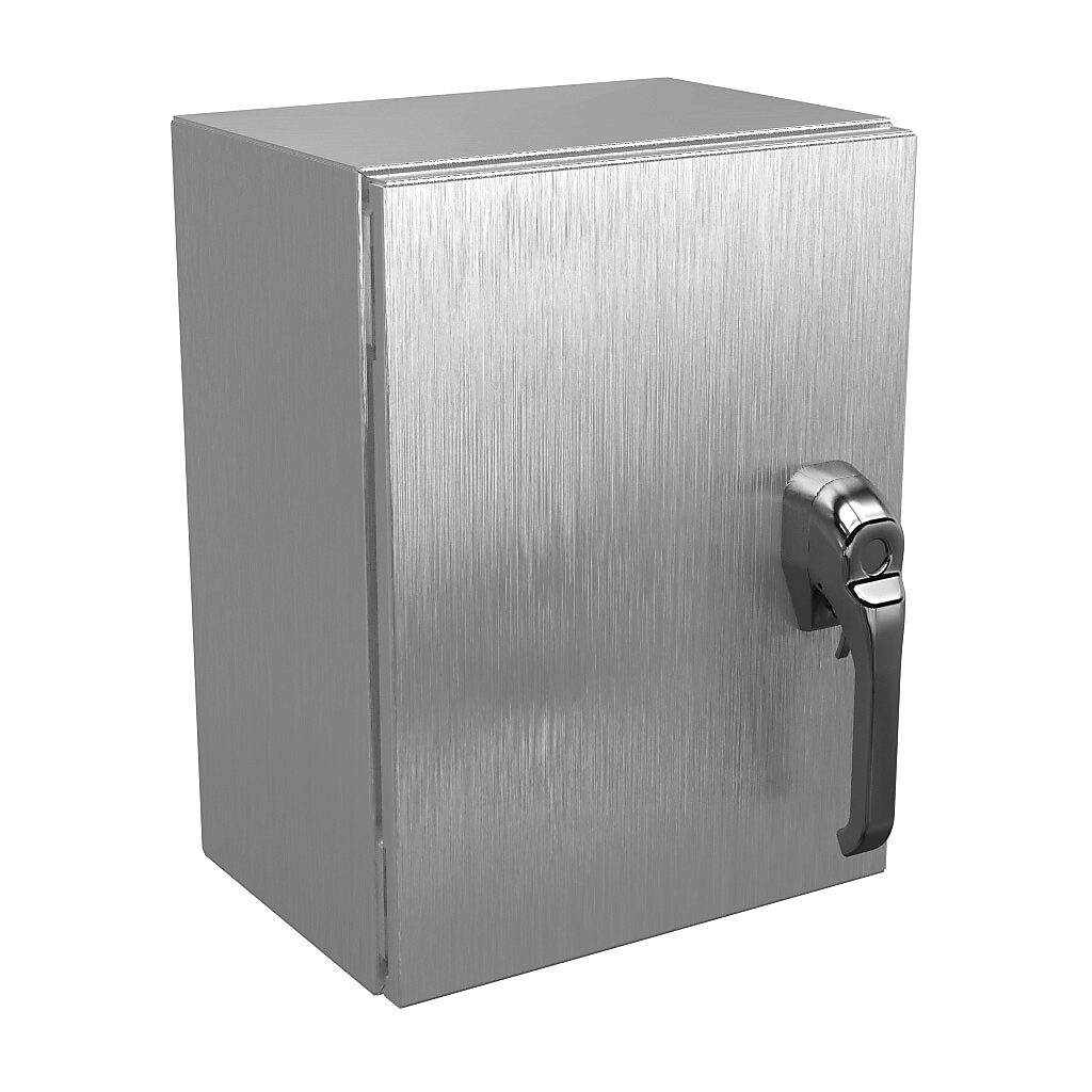 N412161208SS1PTC - Wiegmann Ultimate series enclosure, NEMA 4X/12/13, 16 x 12 x 8in (HxWxD), wall mount, 304 stainless steel, No. 3 intermediate polished finish, single-door, 1-point 316L padlocking handle, handle hasp.