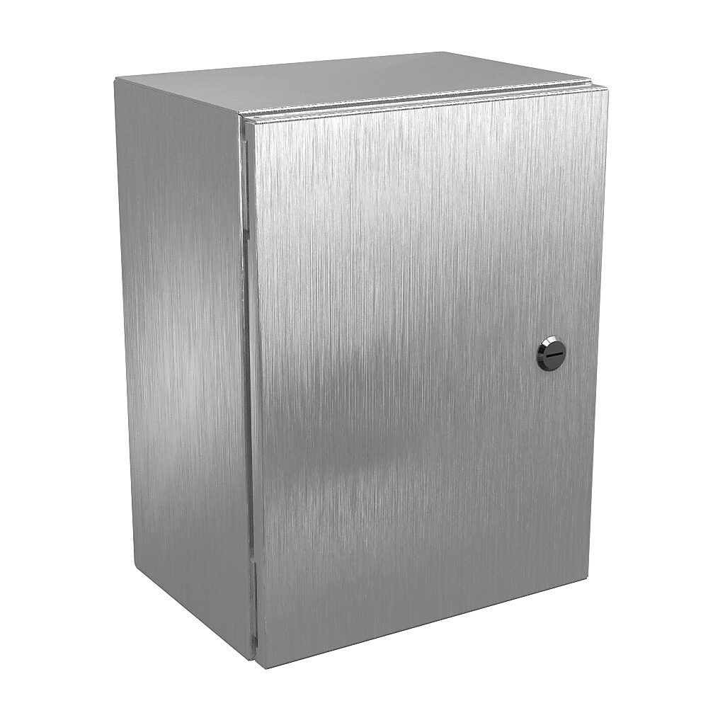 N412161208SSC - Wiegmann Ultimate series enclosure, NEMA 4/4X/12/13, 16 x 12 x 8in (HxWxD), wall mount, 304 stainless steel, No. 3 intermediate polished finish, single-door, 1/4-turn semi-flush oil-tight latch.