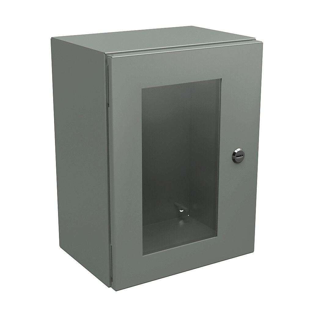 N412161208WC - Wiegmann Ultimate series enclosure, NEMA 4/12/13, 16 x 12 x 8in (HxWxD), wall mount, carbon steel, ANSI 61 gray, powder coat finish, single-door, 1/4-turn semi-flush oil-tight latch, polycarbonate window.