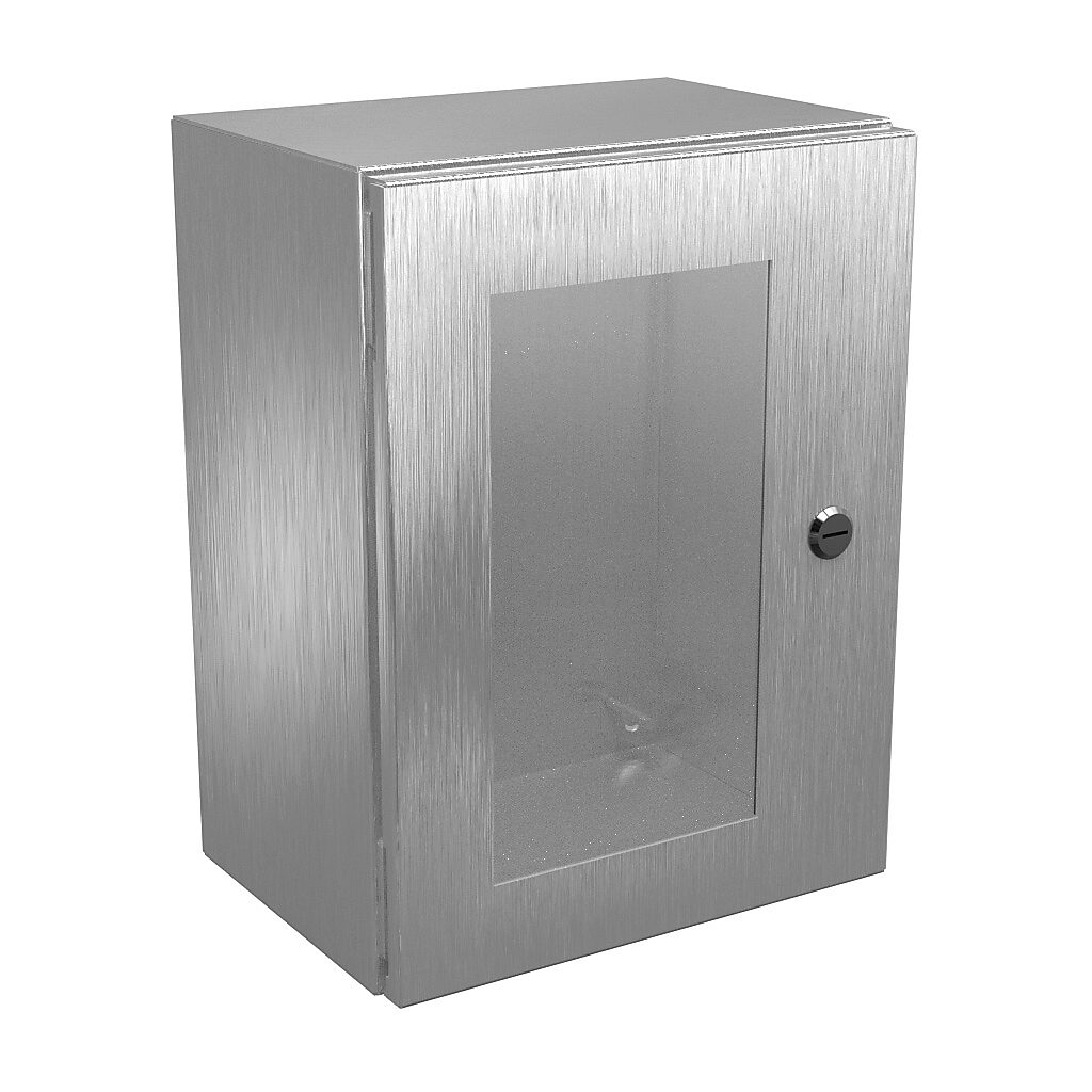 N412161208WSSC - Wiegmann Ultimate series enclosure, NEMA 4/4X/12/13, 16 x 12 x 8in (HxWxD), wall mount, 304 stainless steel, No. 3 intermediate polished finish, single-door, 1/4-turn semi-flush oil-tight latch, polycarbonate window.