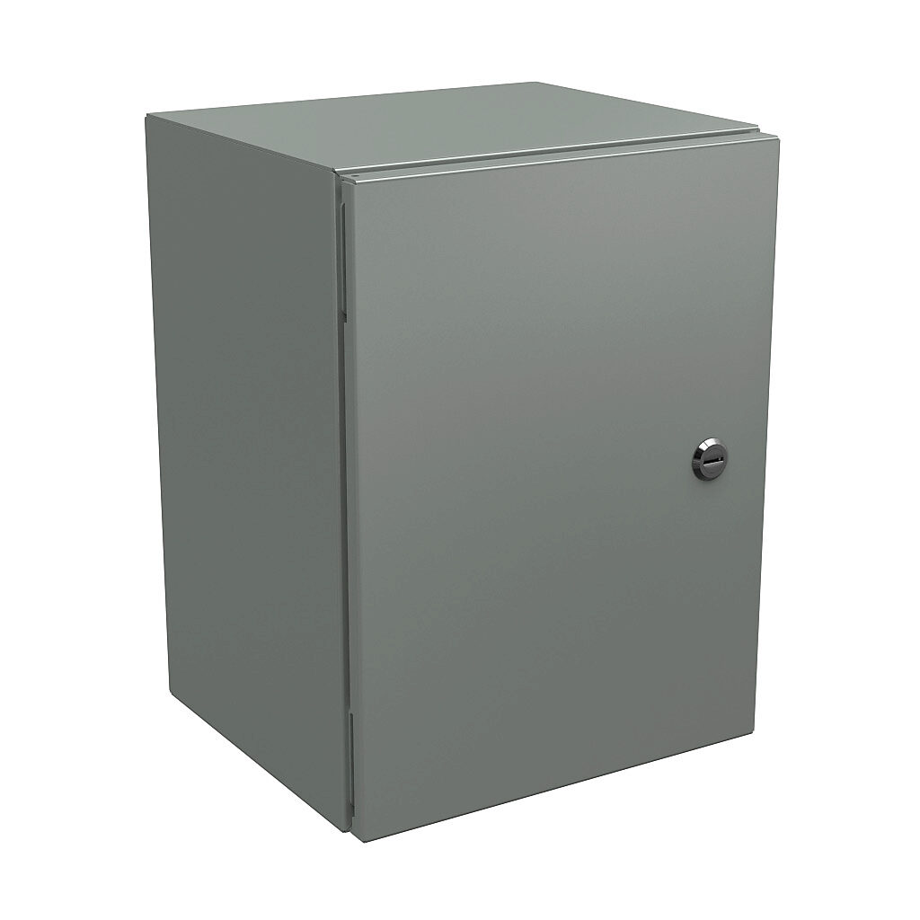 N412161210C - Wiegmann Ultimate series enclosure, NEMA 4/12/13, 16 x 12 x 10in (HxWxD), wall mount, carbon steel, ANSI 61 gray, powder coat finish, single-door, 1/4-turn semi-flush oil-tight latch.