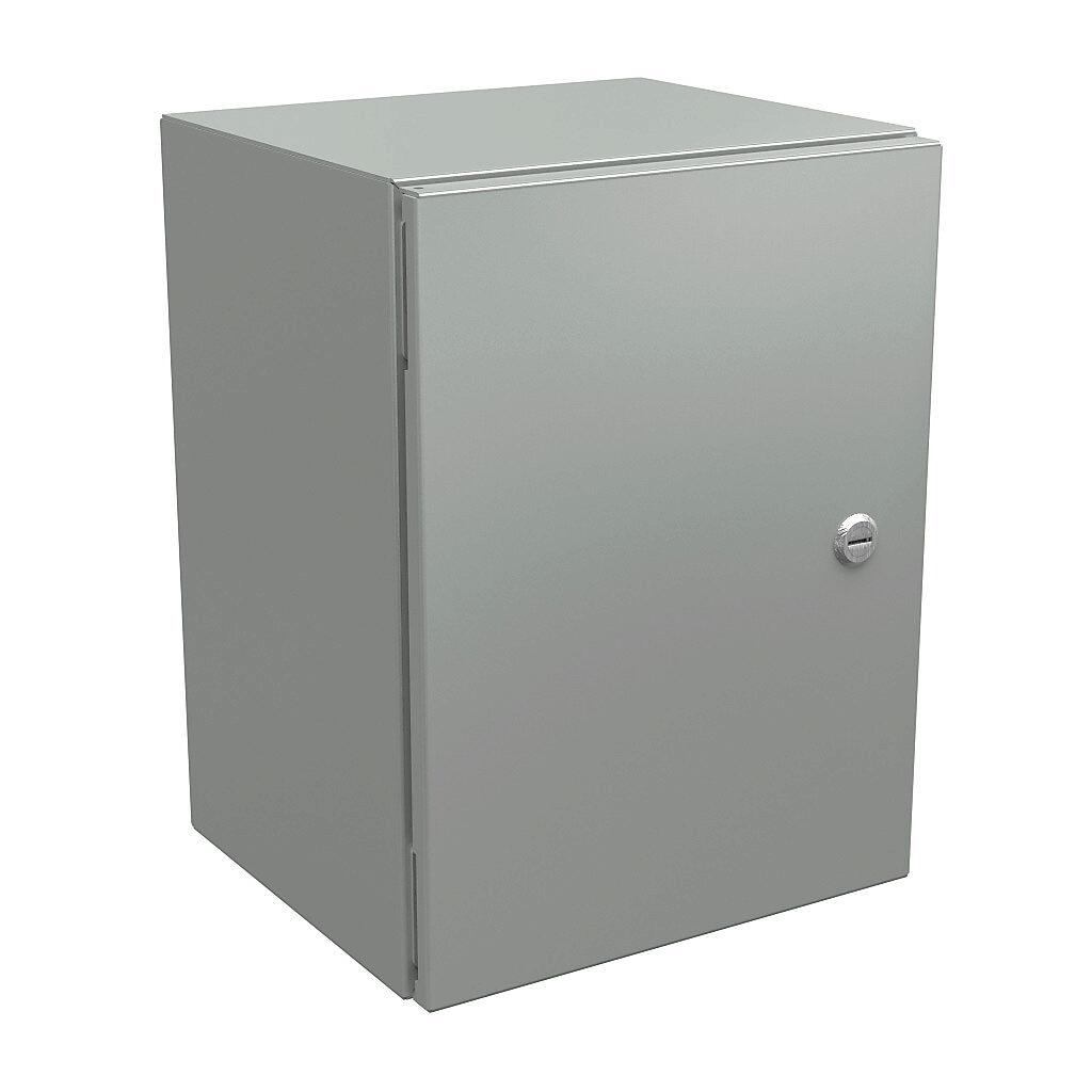 N412161210CLG - Wiegmann Ultimate series enclosure, NEMA 4/12/13, 16 x 12 x 10in (HxWxD), wall mount, carbon steel, RAL 7035 light gray, powder coat finish, single-door, 1/4-turn semi-flush oil-tight latch.