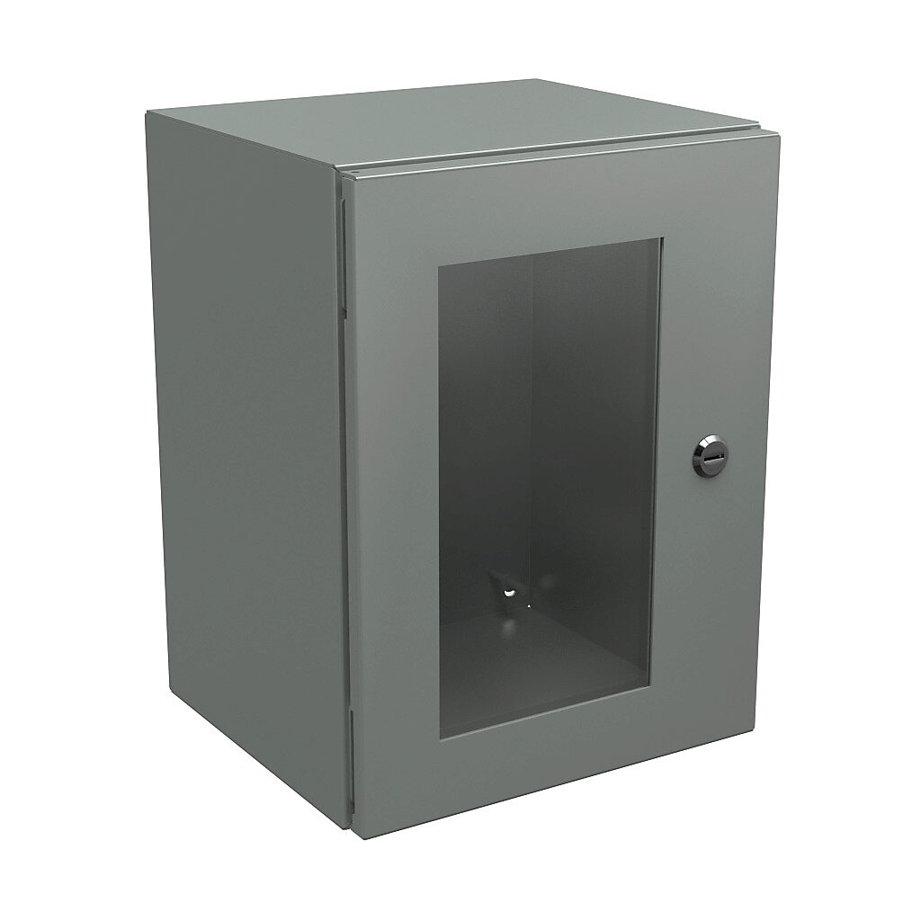 N412161210WC - Wiegmann Ultimate series enclosure, NEMA 4/12/13, 16 x 12 x 10in (HxWxD), wall mount, carbon steel, ANSI 61 gray, powder coat finish, single-door, 1/4-turn semi-flush oil-tight latch, polycarbonate window.
