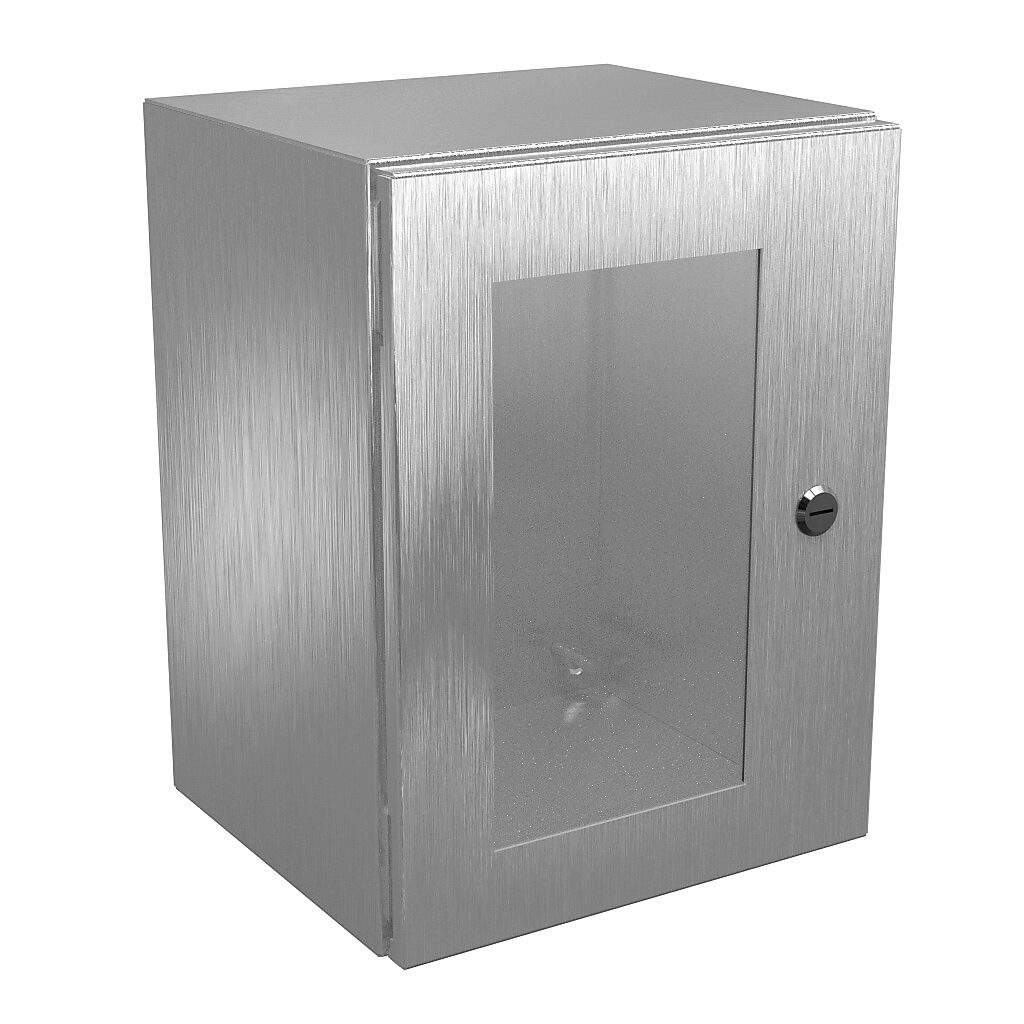 N412161210WSSC - Wiegmann Ultimate series enclosure, NEMA 4/4X/12/13, 16 x 12 x 10in (HxWxD), wall mount, 304 stainless steel, No. 3 intermediate polished finish, single-door, 1/4-turn semi-flush oil-tight latch, polycarbonate window.