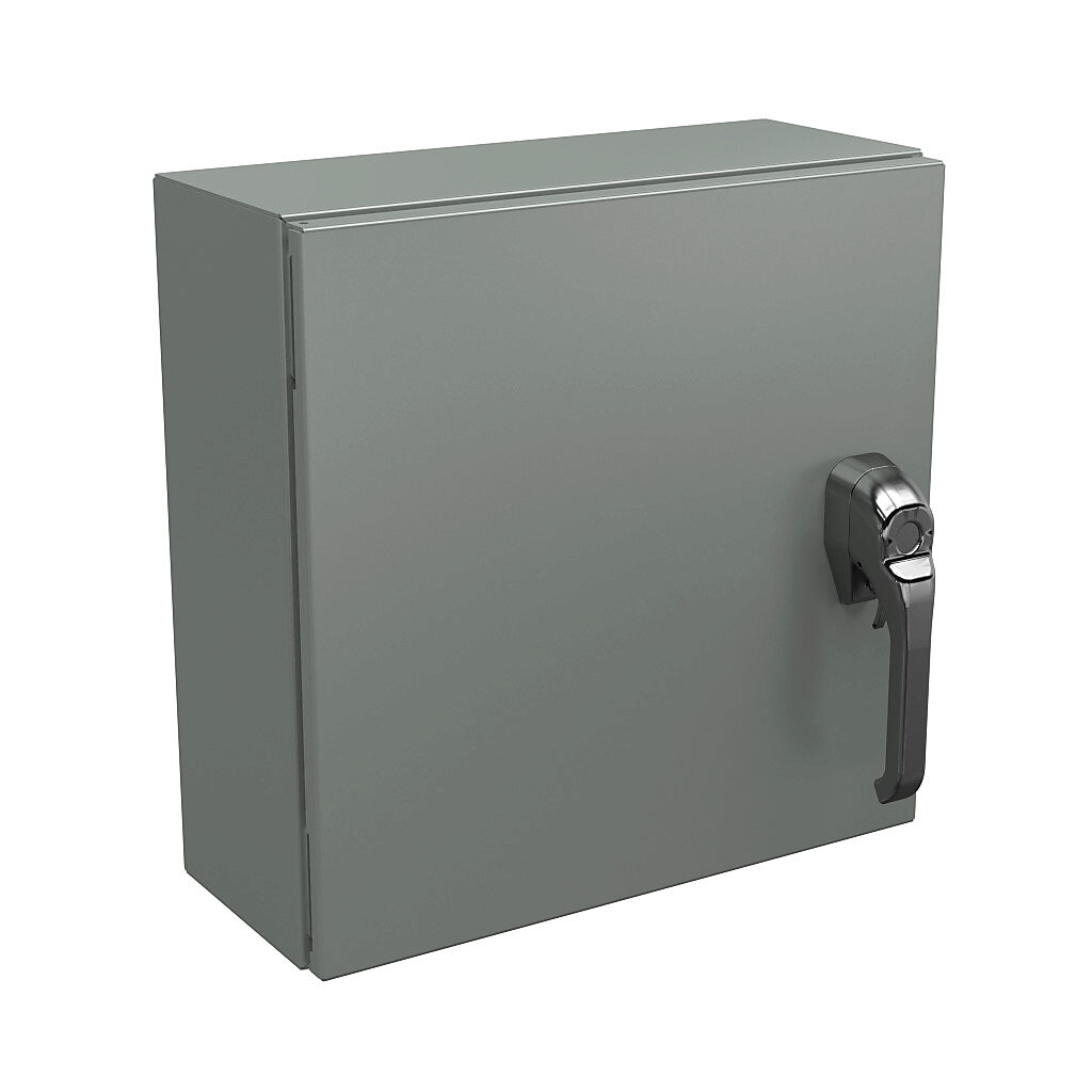 N4121616061PTC - Wiegmann Ultimate series enclosure, NEMA 4/12/13, 16 x 16 x 6in (HxWxD), wall mount, carbon steel, ANSI 61 gray, powder coat finish, single-door, 1-point keylocking/padlocking combo handle, handle hasp.