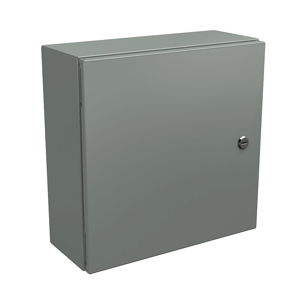 N412161606C - Wiegmann Ultimate series enclosure, NEMA 4/12/13, 16 x 16 x 6in (HxWxD), wall mount, carbon steel, ANSI 61 gray, powder coat finish, single-door, 1/4-turn semi-flush oil-tight latch.