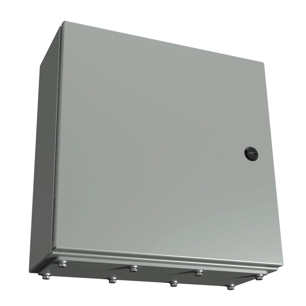 N412161606CGP - Wiegmann Ultimate series enclosure, NEMA 3R/4/12/13, 16 x 16 x 6in (HxWxD), wall mount, bottom gland plate, carbon steel, ANSI 61 gray, powder coat finish, single-door, 1/4-turn semi-flush oil-tight latch.