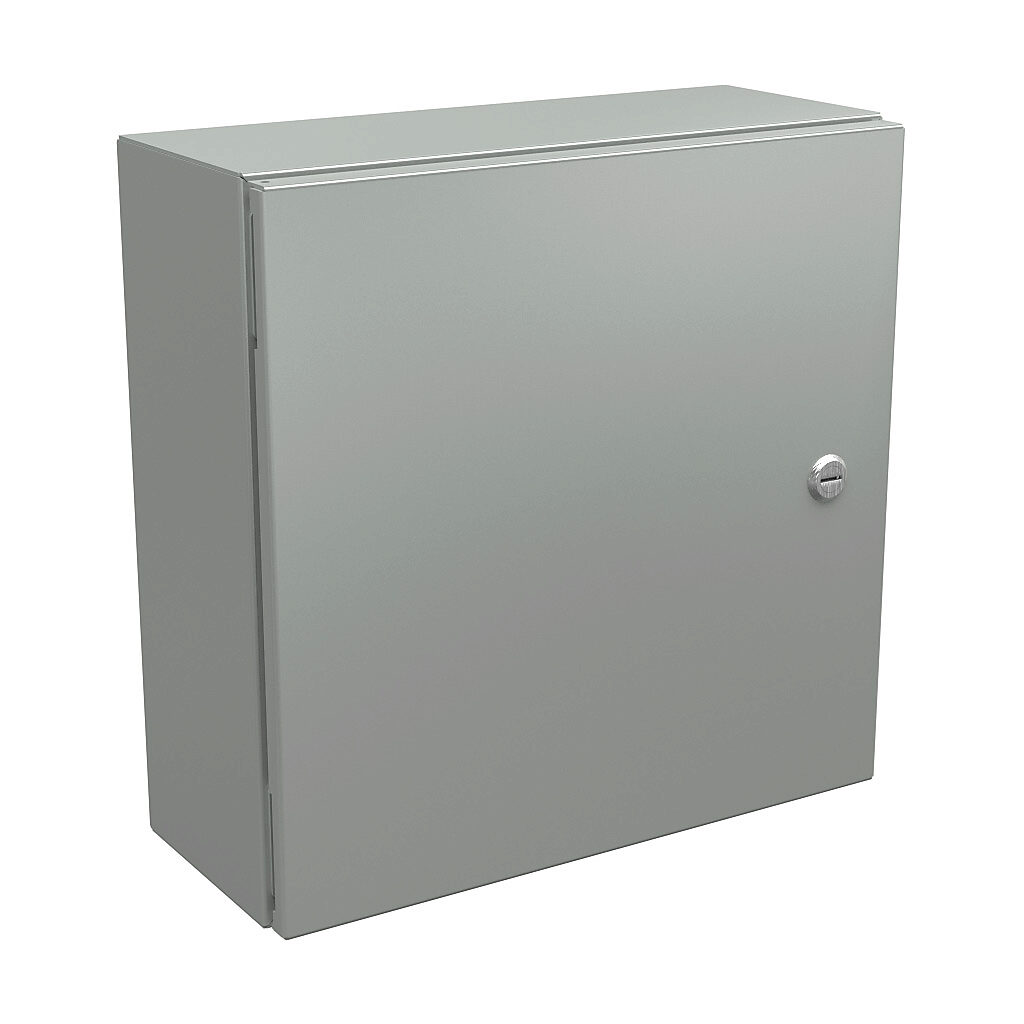 N412161606CLG - Wiegmann Ultimate series enclosure, NEMA 4/12/13, 16 x 16 x 6in (HxWxD), wall mount, carbon steel, RAL 7035 light gray, powder coat finish, single-door, 1/4-turn semi-flush oil-tight latch.