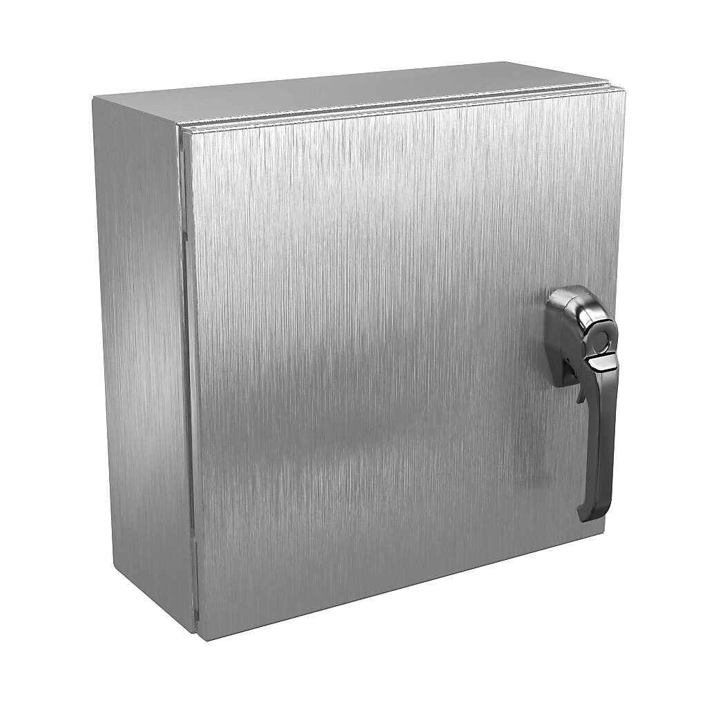 N412161606SSA1PTC - Wiegmann Ultimate series enclosure, NEMA 4X/12/13, 16 x 16 x 6in (HxWxD), wall mount, 316L stainless steel, No. 3 intermediate polished finish, single-door, 1-point 316L padlocking handle, handle hasp.