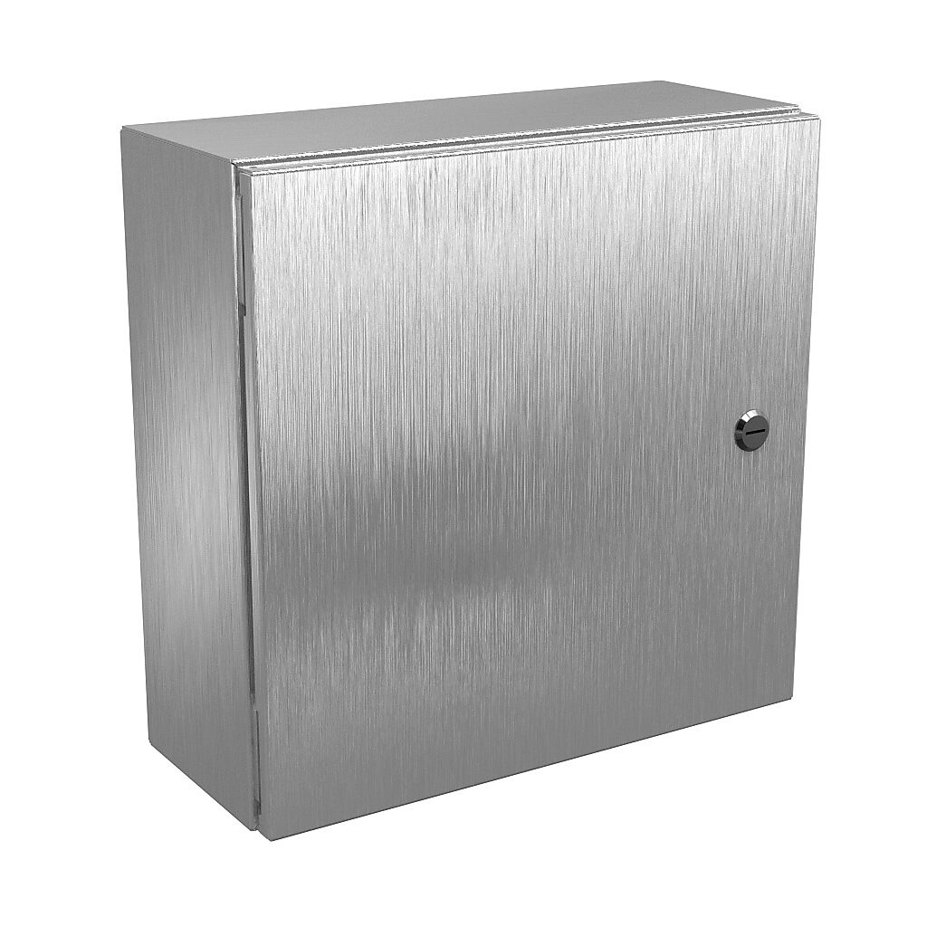 N412161606SSC - Wiegmann Ultimate series enclosure, NEMA 4/4X/12/13, 16 x 16 x 6in (HxWxD), wall mount, 304 stainless steel, No. 3 intermediate polished finish, single-door, 1/4-turn semi-flush oil-tight latch.